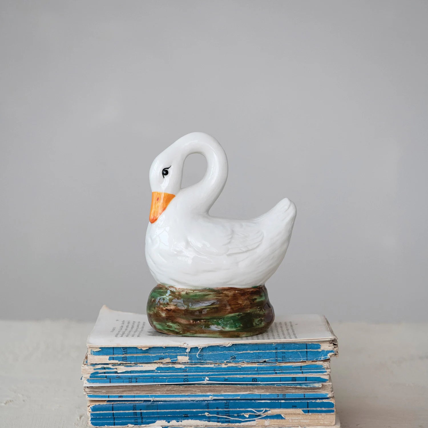 Hand-Painted Stoneware Vintage Swan, Feathered Farmhouse