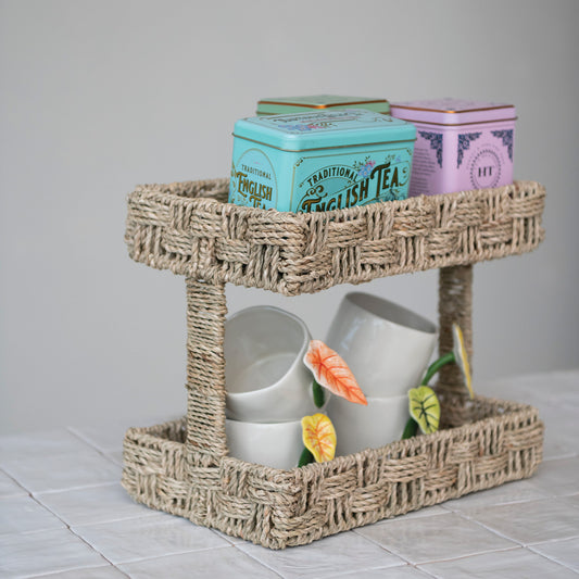 Decorative Hand-Woven Seagrass 2-Tier Etagere, Feathered Farmhouse