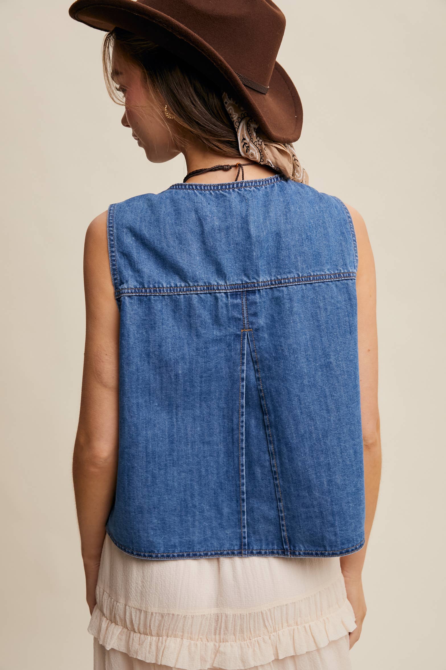 Denim Tie-Front Vest, Feathered Farmhouse