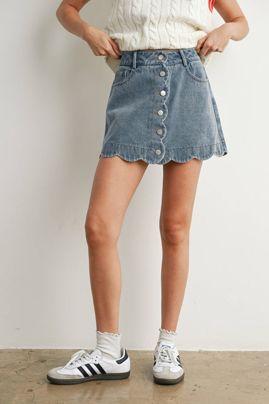 Buttoned Scallop Denim Skirt, Feathered Farmhouse