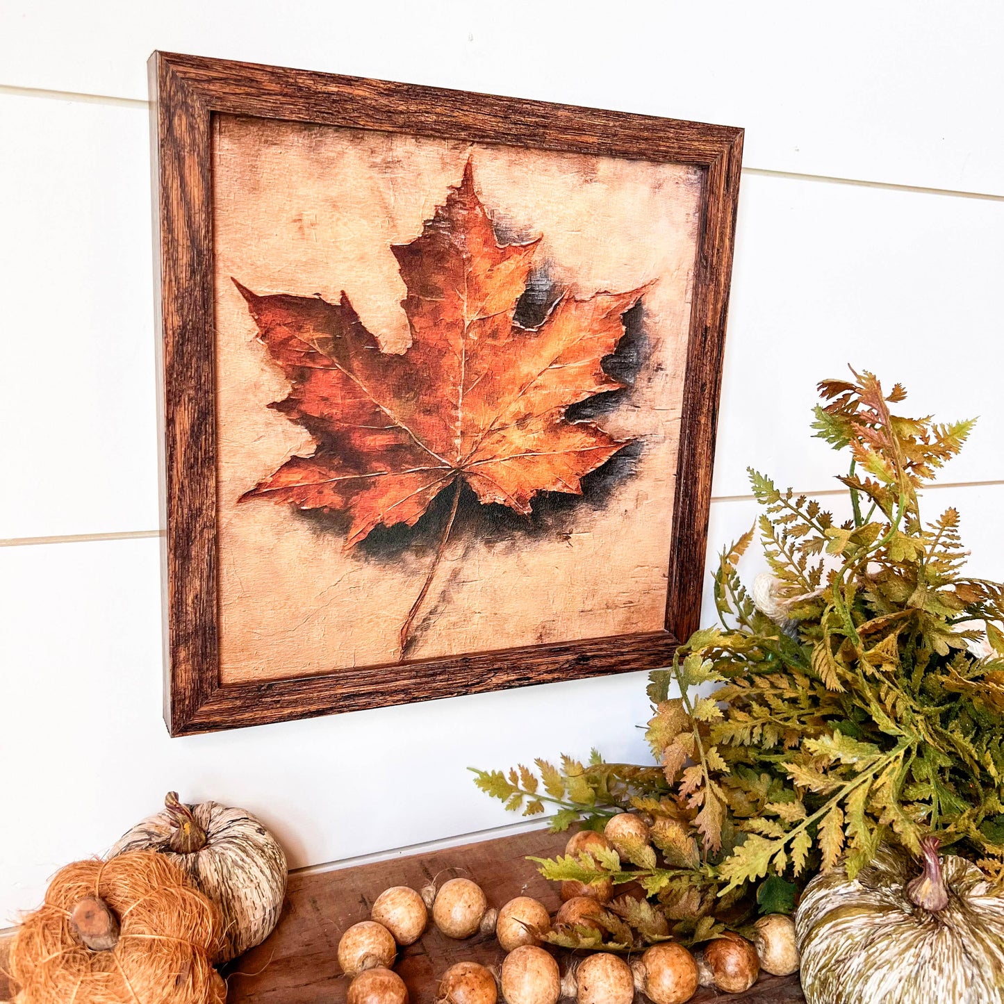 Vintage Fall Leaf Print Wood Sign, Feathered Farmhouse