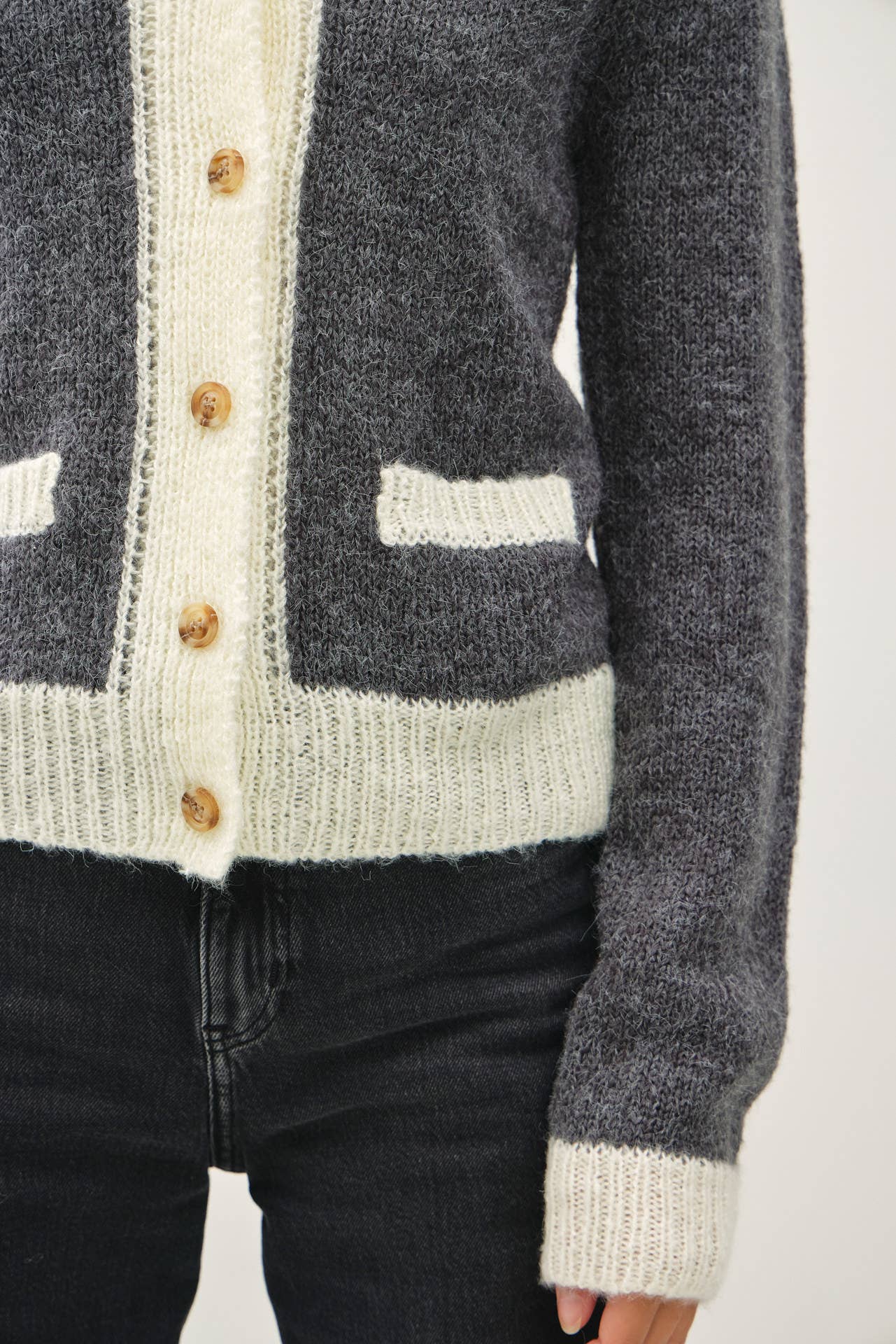 Two Tone Varsity Button Up Cardigan, Feathered Farmhouse