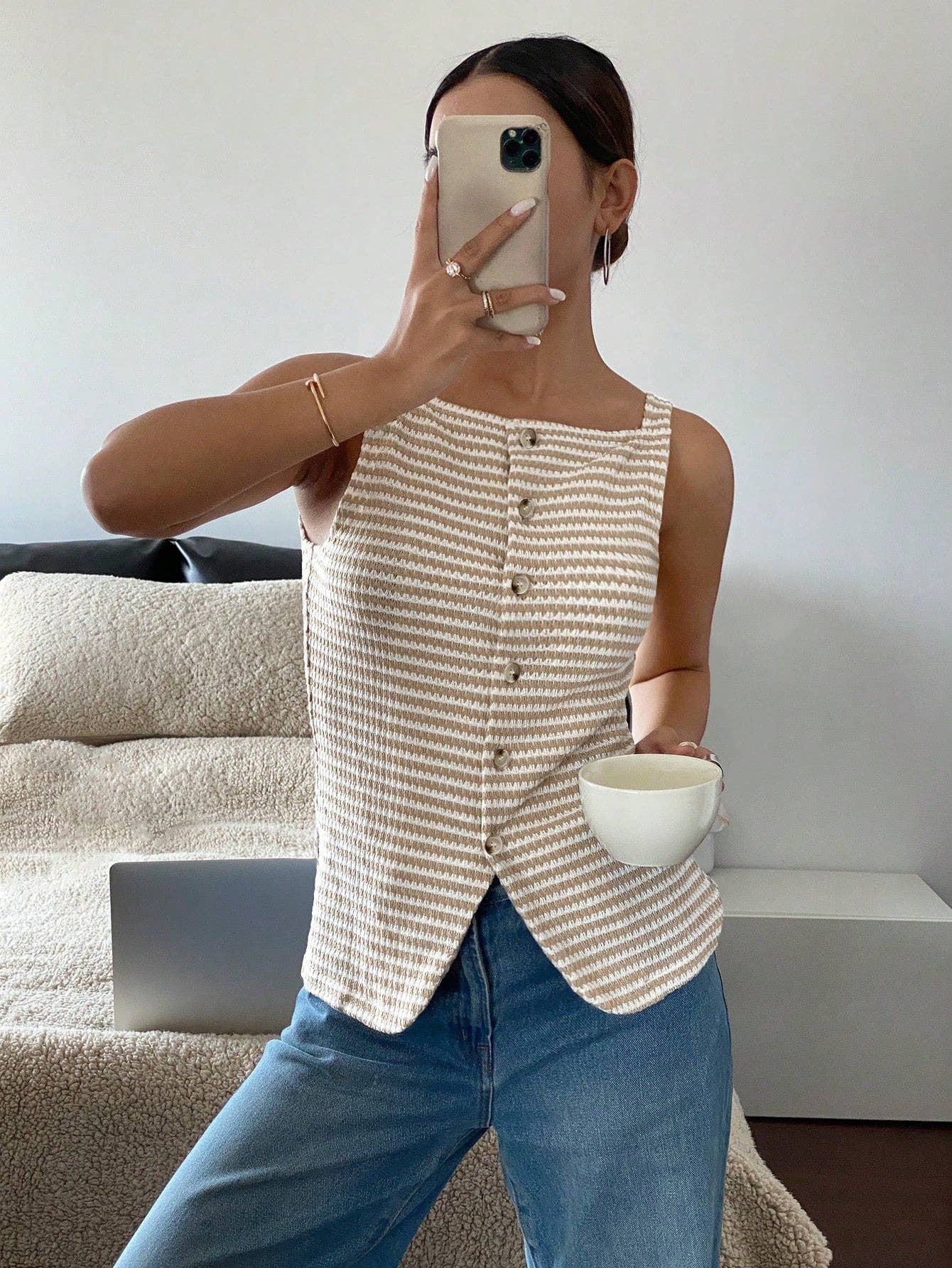Striped Button Front Sleeveless Tank Top with Slit Hem, Feathered Farmhouse