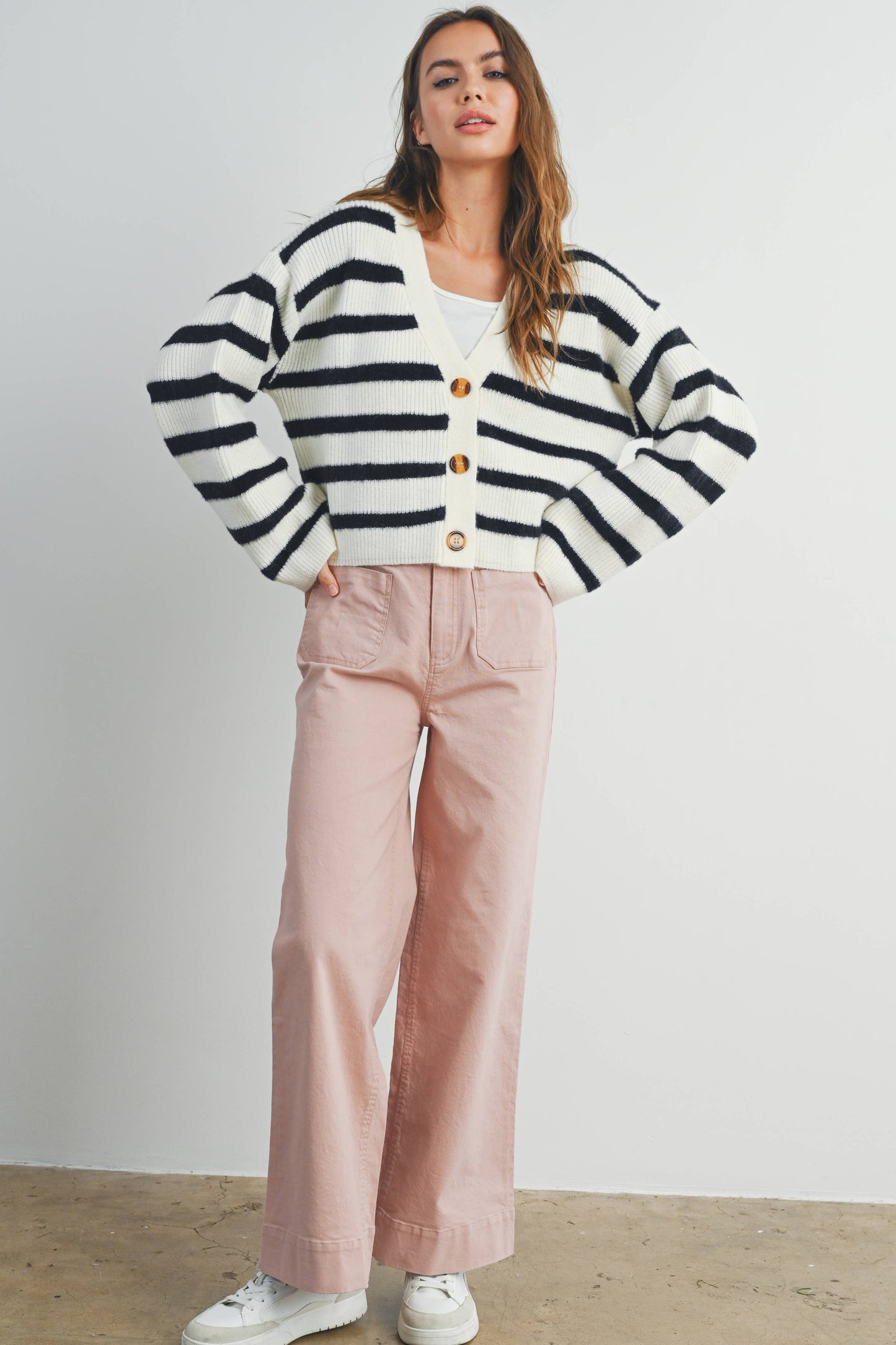 Striped Button Front Long Sleeve Cardigan, Feathered Farmhouse