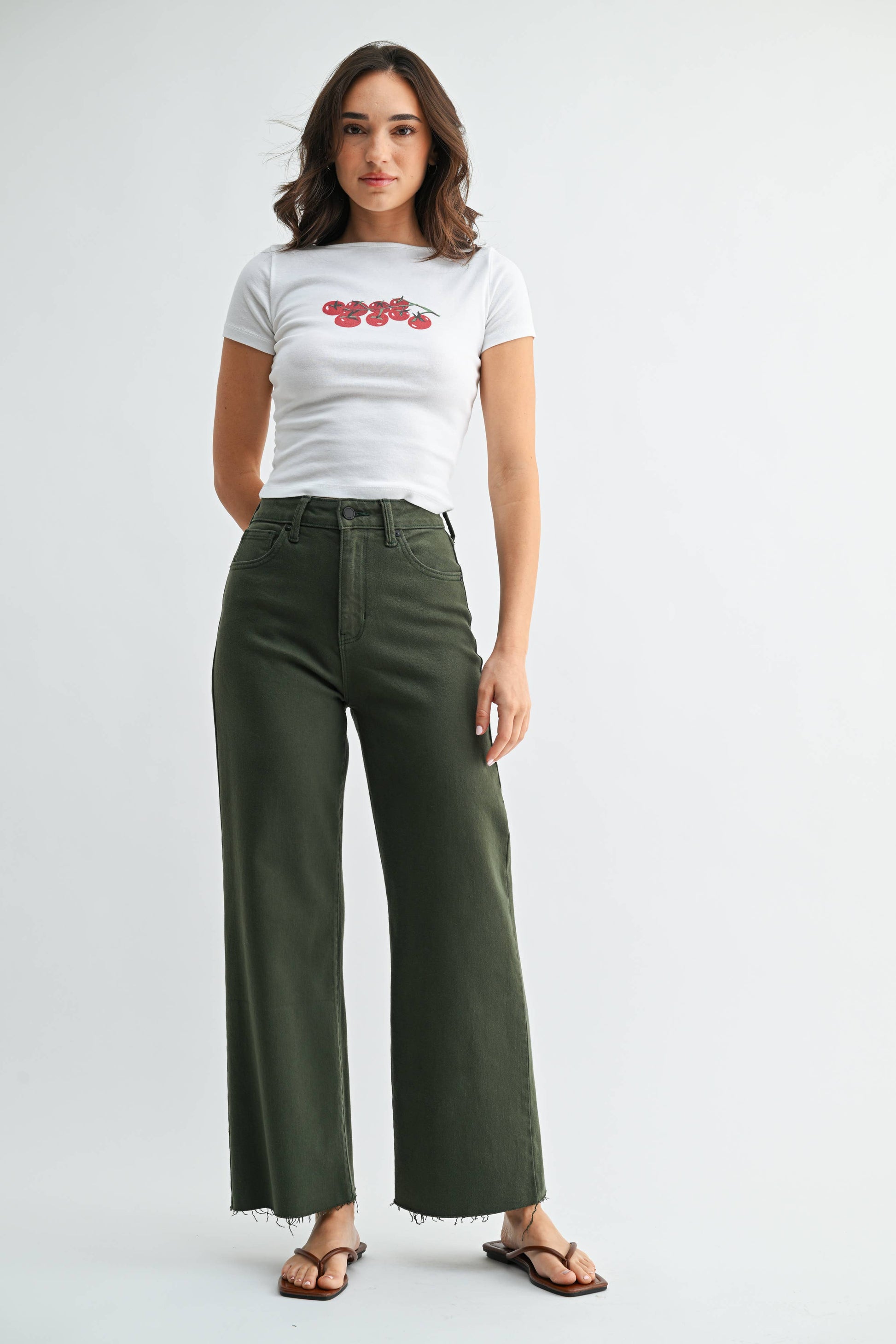 Dark Olive Scissor Cut Wide Leg Jeans, Feathered Farmhouse