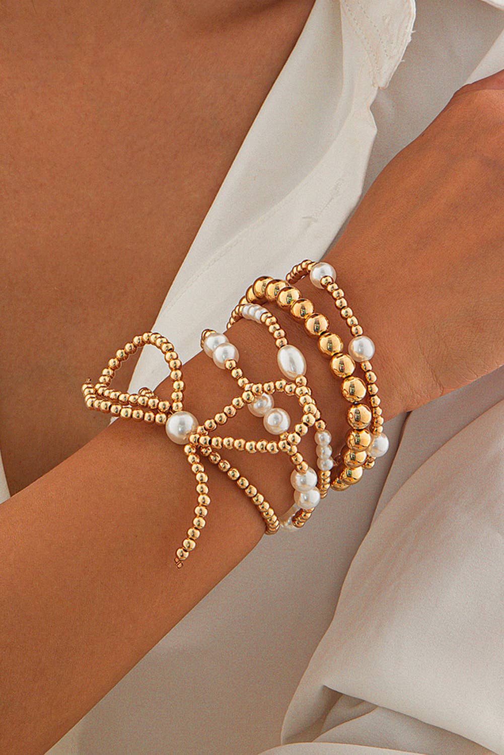 Bow Knot Pearl Beaded Multi Layered Bracelet Set, The Feathered Farmhouse