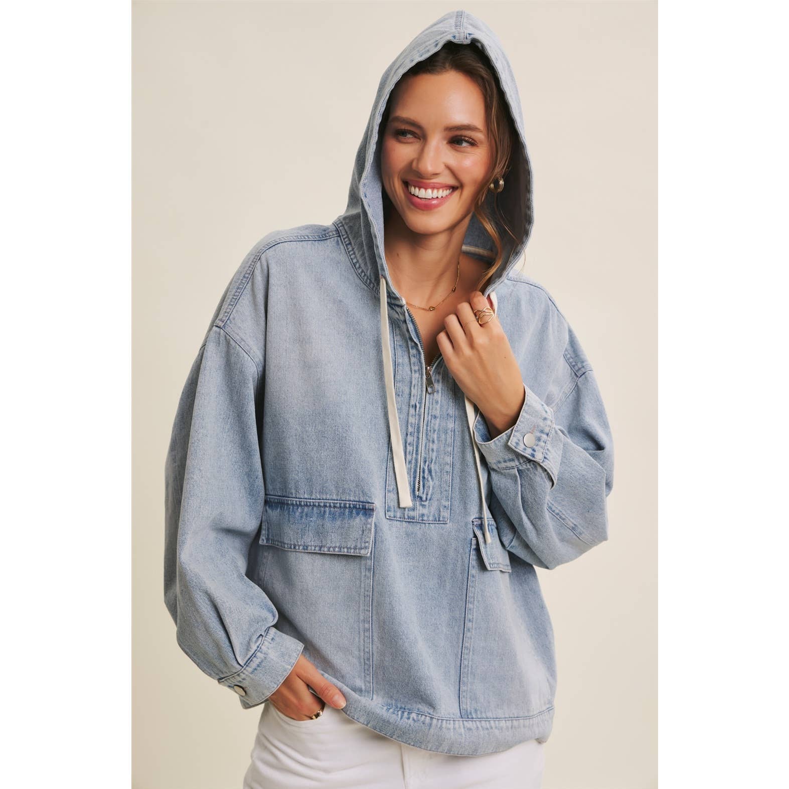 Mineral-Washed Denim Hooded Pullover, Feathered Farmhouse