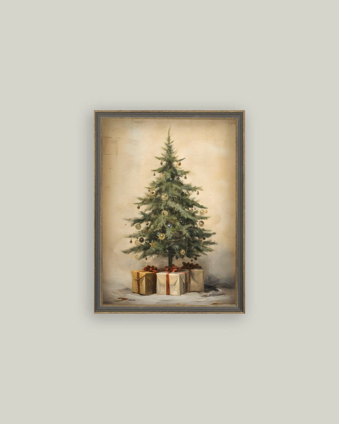Christmas Tree with Presents Framed Antique Art, Feathered Farmhouse