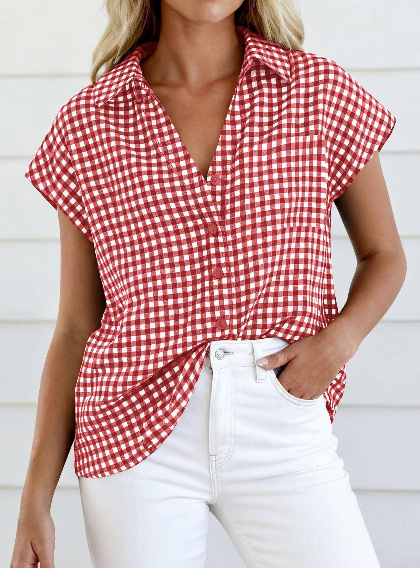 Gingham Button Down Blouse, Feathered Farmhouse
