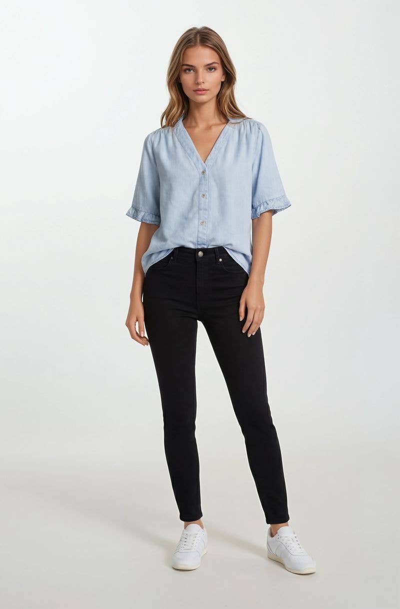 Light Wash Denim Ruffle Shirt