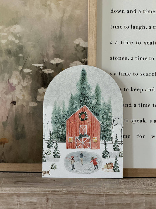 Large Winter Barn Scene Arch, Feathered Farmhouse