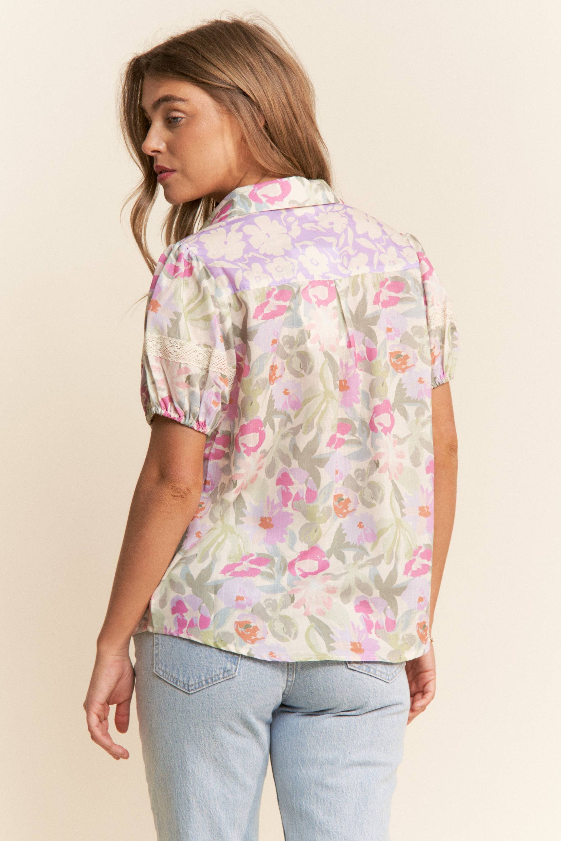 Floral Print Button Up Puff Short Sleeve Blouse, Feathered Farmhouse