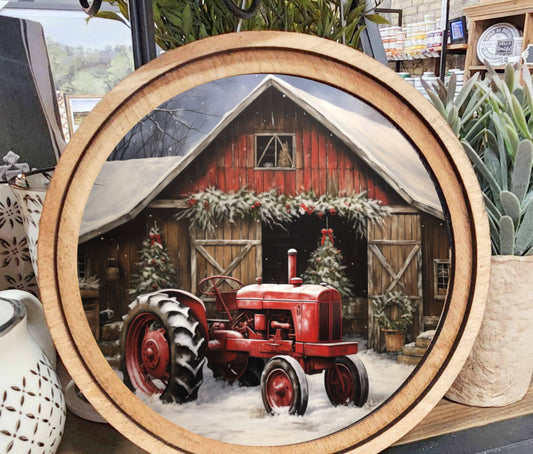 Round Christmas Tractor Art, Feathered Farmhouse