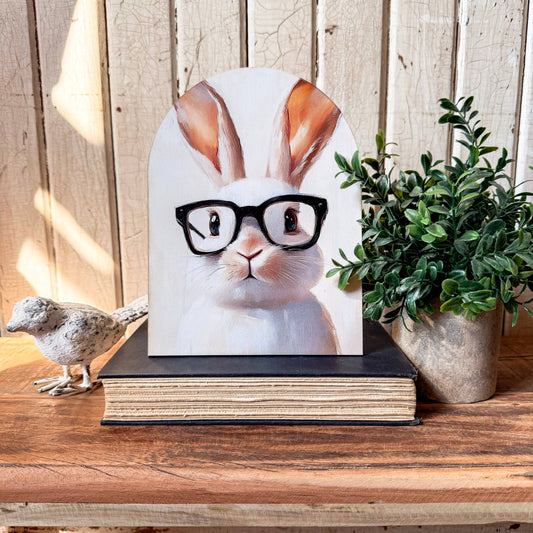 Bunny with Glasses Arched Wood Sign Shelf Sitter, Feathered Farmhouse
