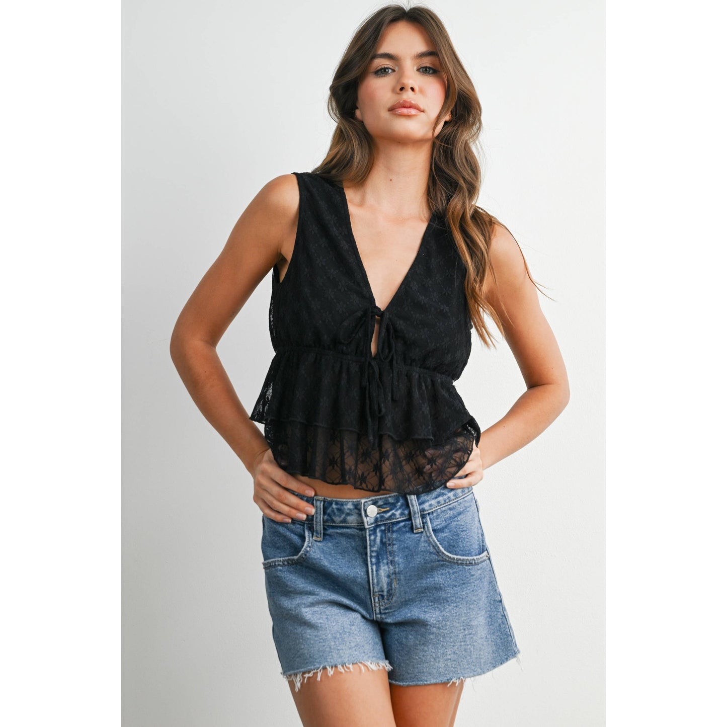 Tiered Ruffle Hem Tie-Front Tank Top, Feathered Farmhouse