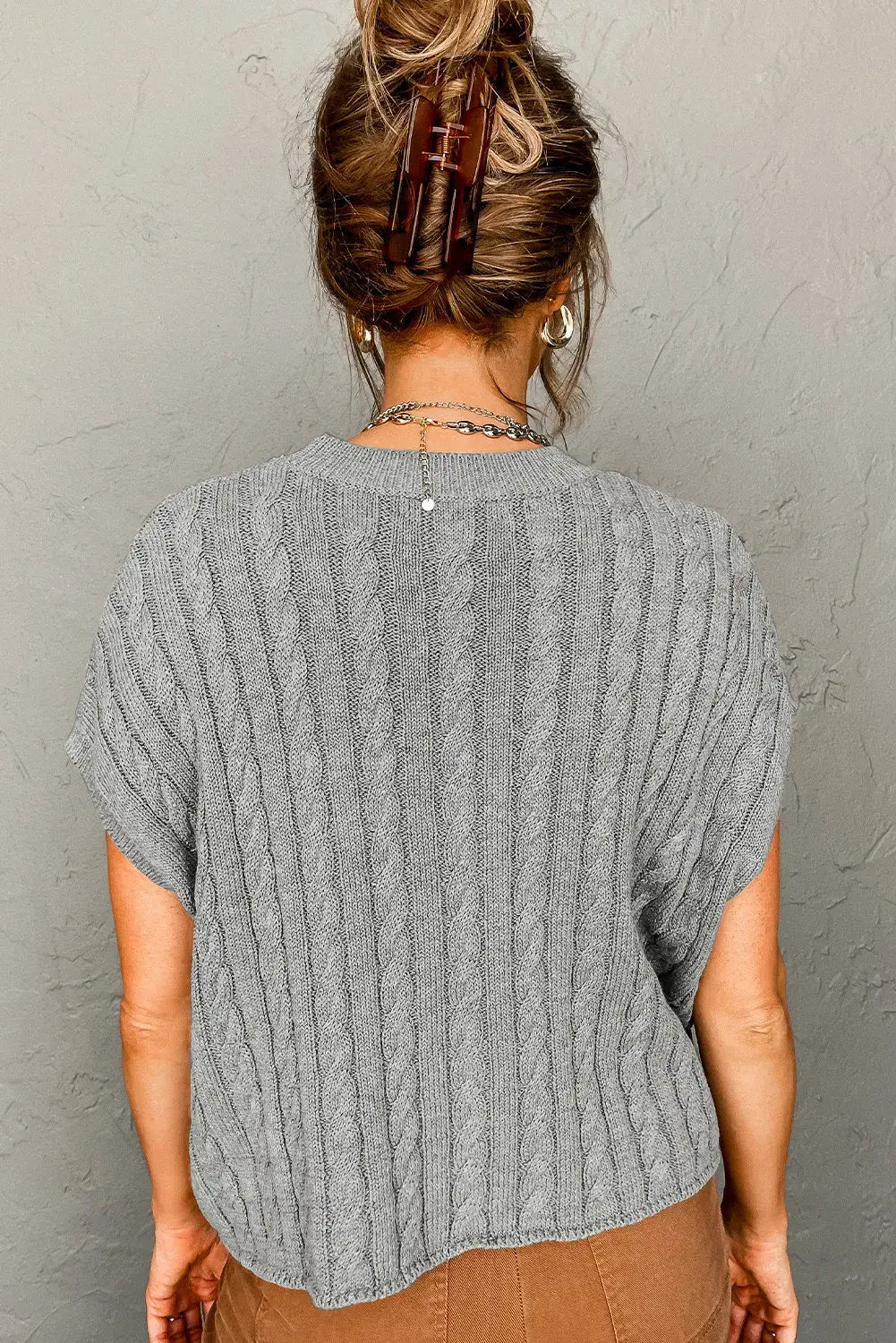 Crew Neck Cable Knit Short Sleeve Sweater, Feathered Farmhouse
