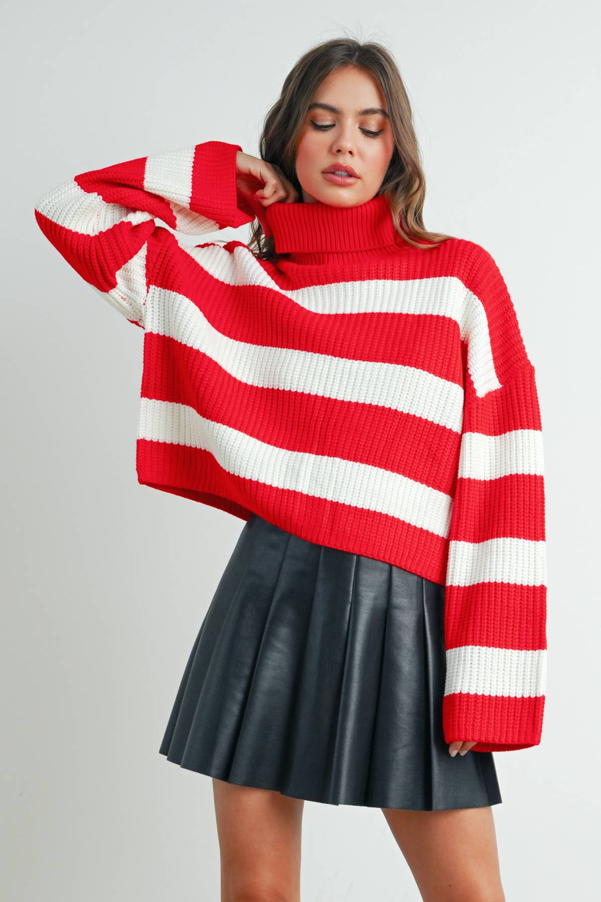 Striped Turtleneck Pullover Sweater, Feathered Farmhouse