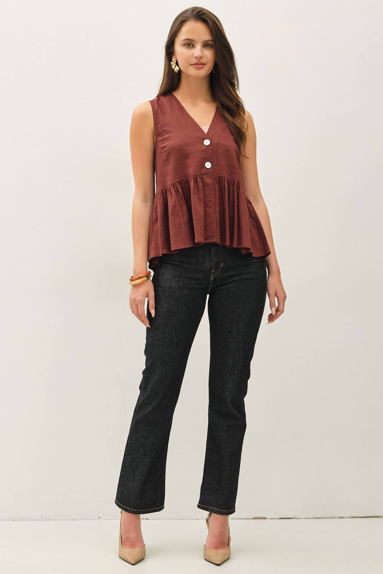Airy Woven Linen Blend Peplum Top, Feathered Farmhouse