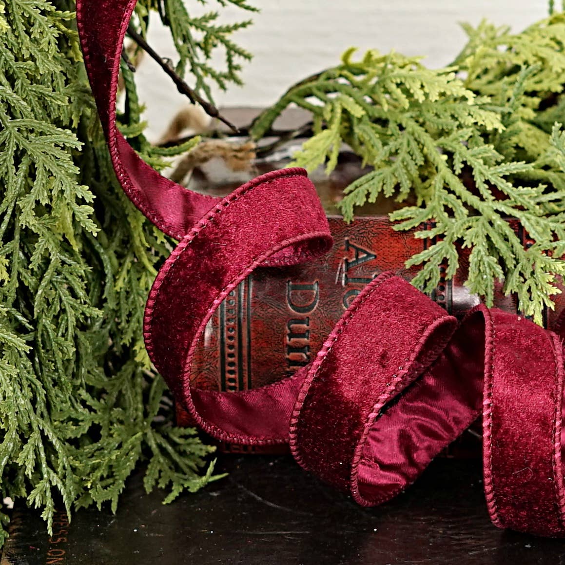 Burgundy Wired Velvet Ribbon, Feathered Farmhouse