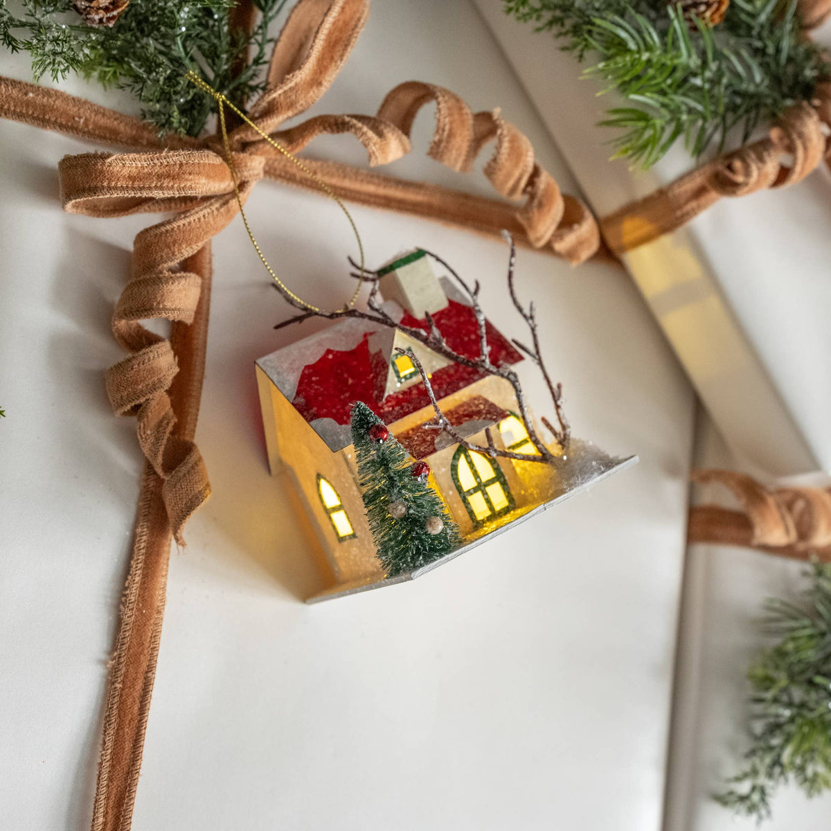 Red Roof Lighted House Ornament, Feathered Farmhouse