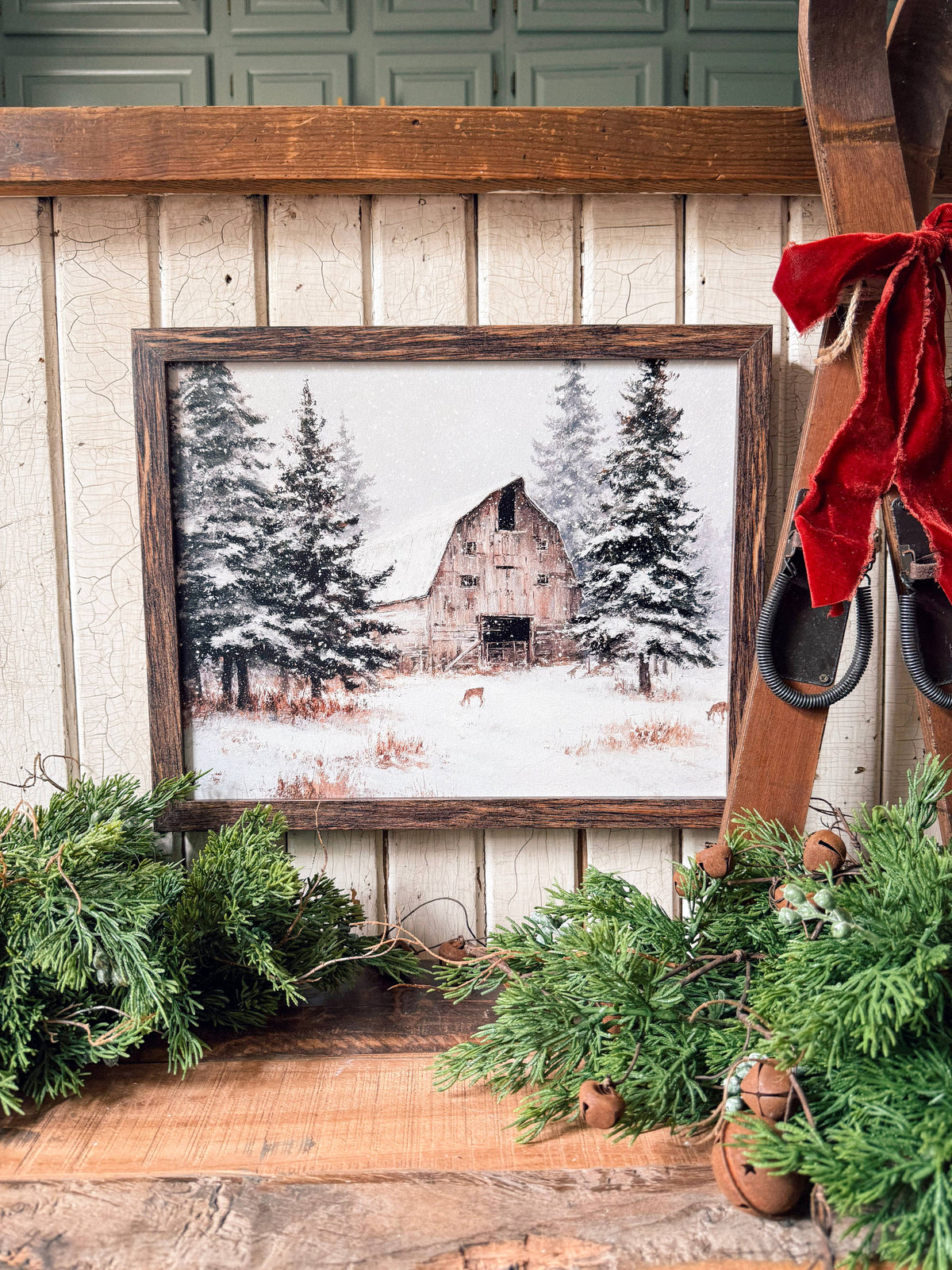 Natural Wood Barn in Winter Wood Sign, The Feathered Farmhouse