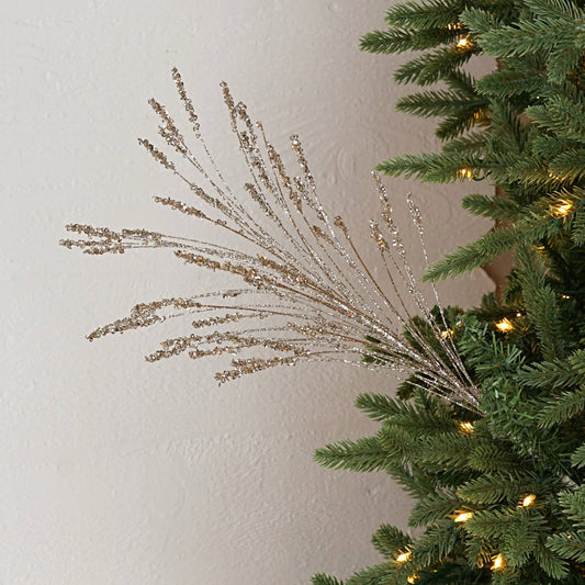 Champagne Glittered Needle Pine with Seeded Tips, Feathered Farmhouse