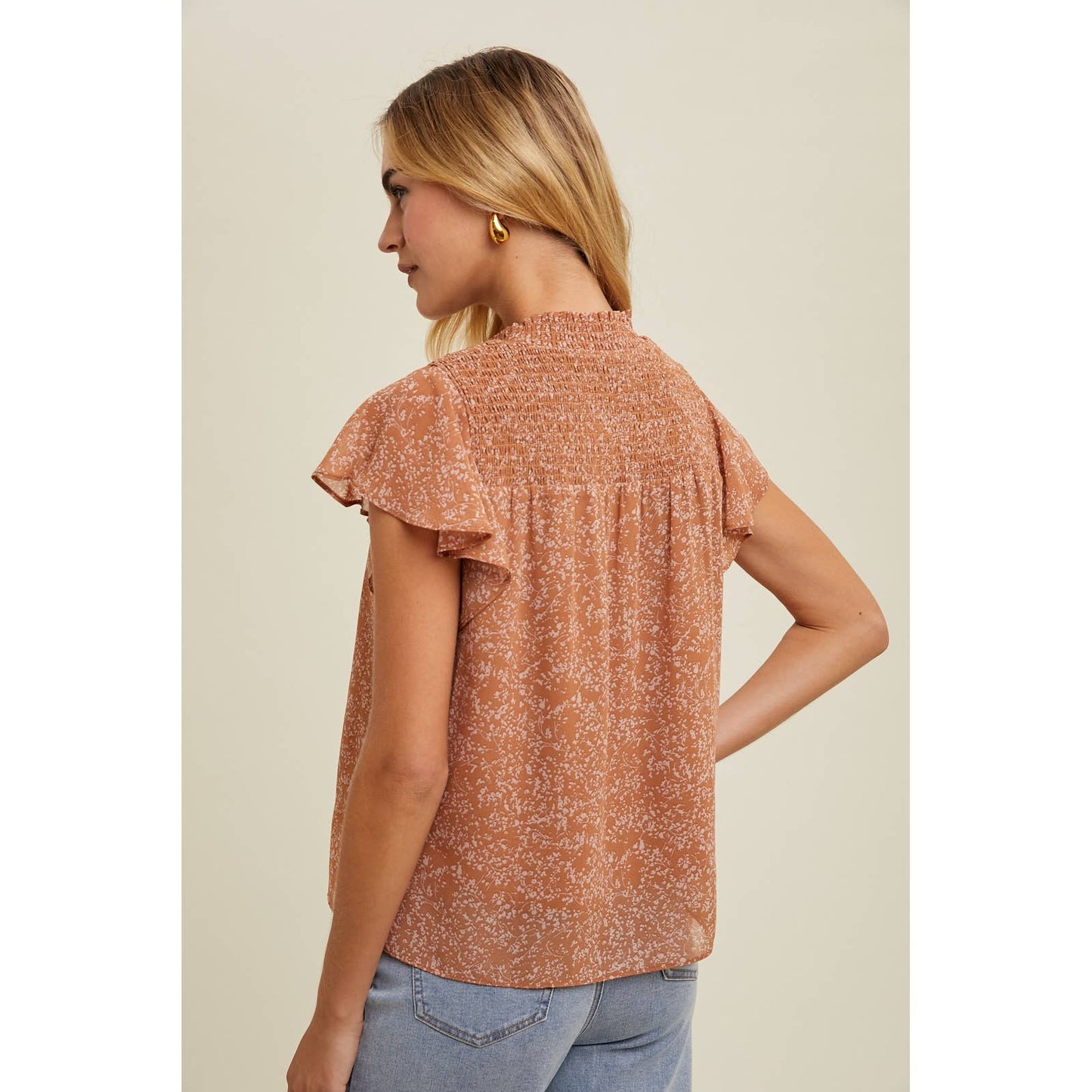 Floral Smocked Mock Neck Blouse, Feathered Farmhouse