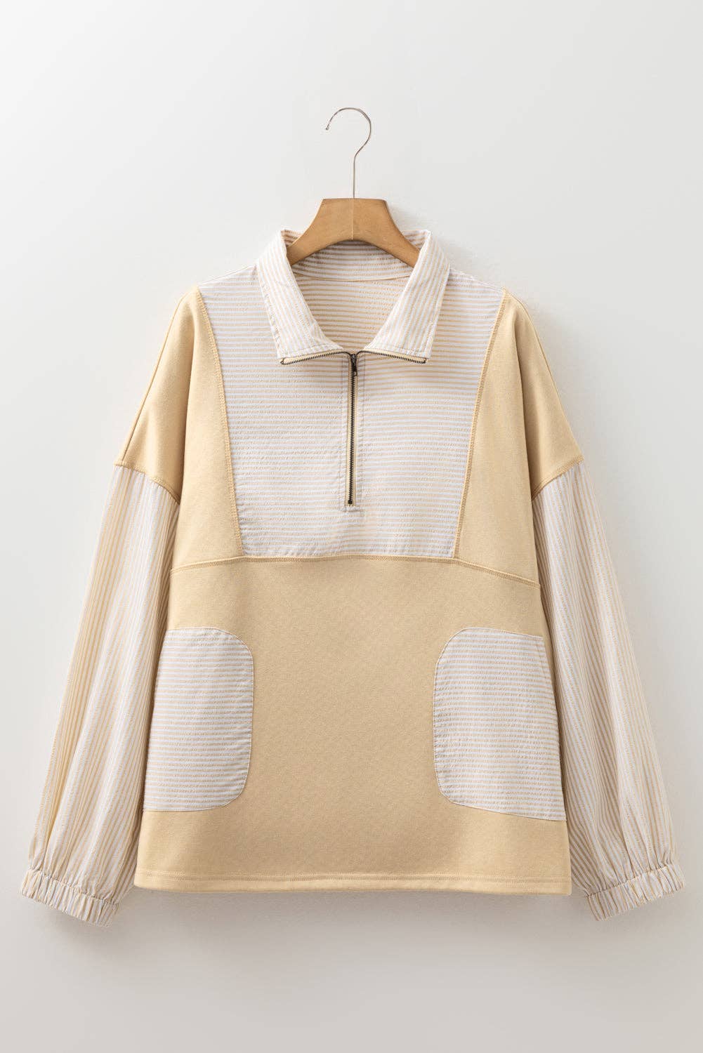 Plus Size Stripe Patchwork Half-Zip Sweatshirt, Feathered Farmhouse