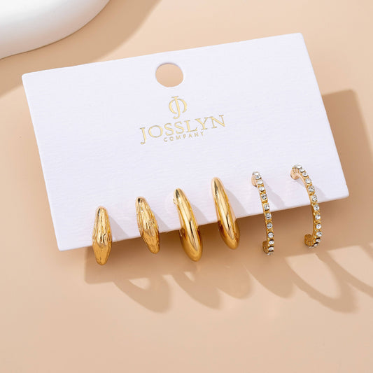 Tapered Rhinestone Huggie Hoop Trio Earring, Feathered Farmhouse