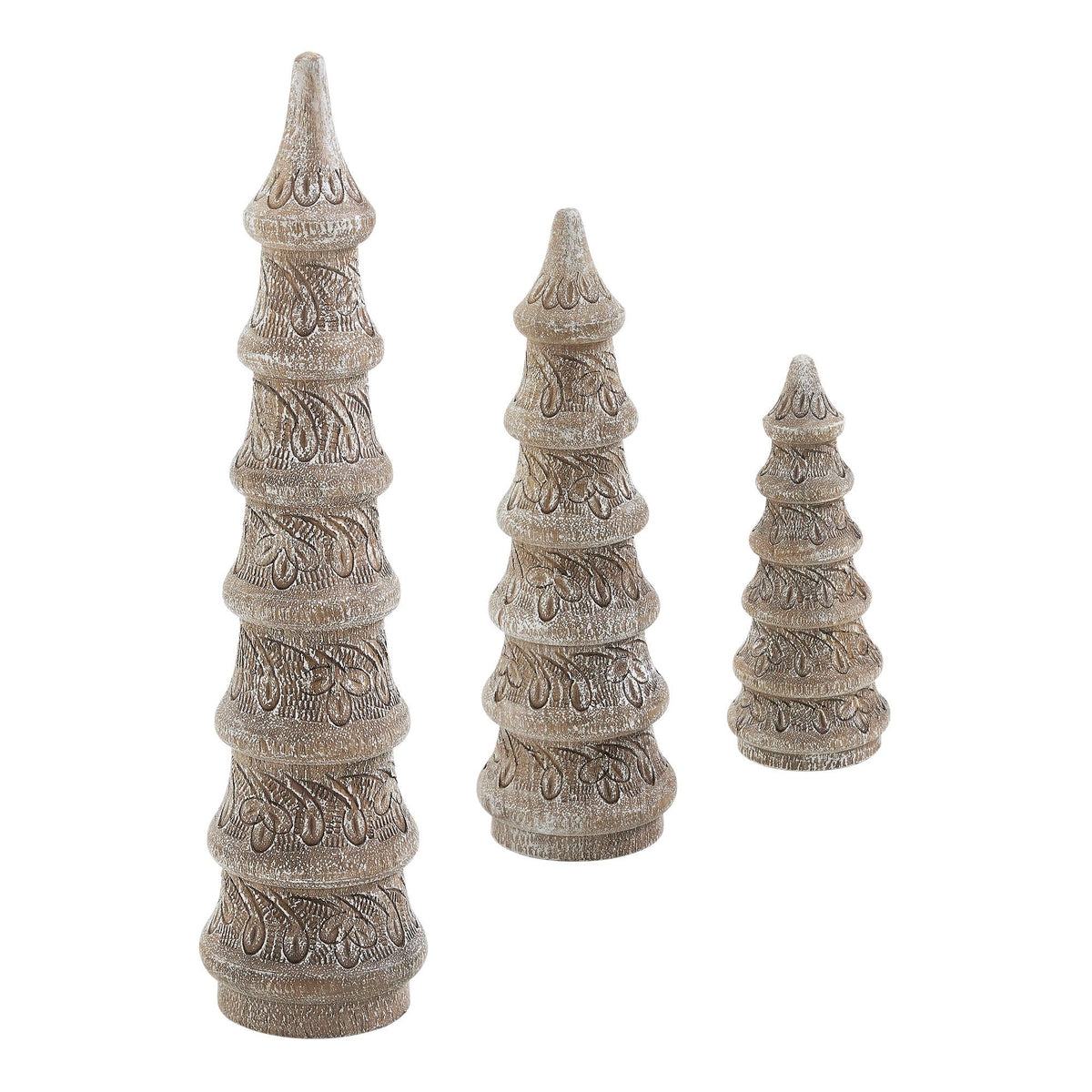 Carved Conical Wooden Christmas Tree, Feathered Farmhouse