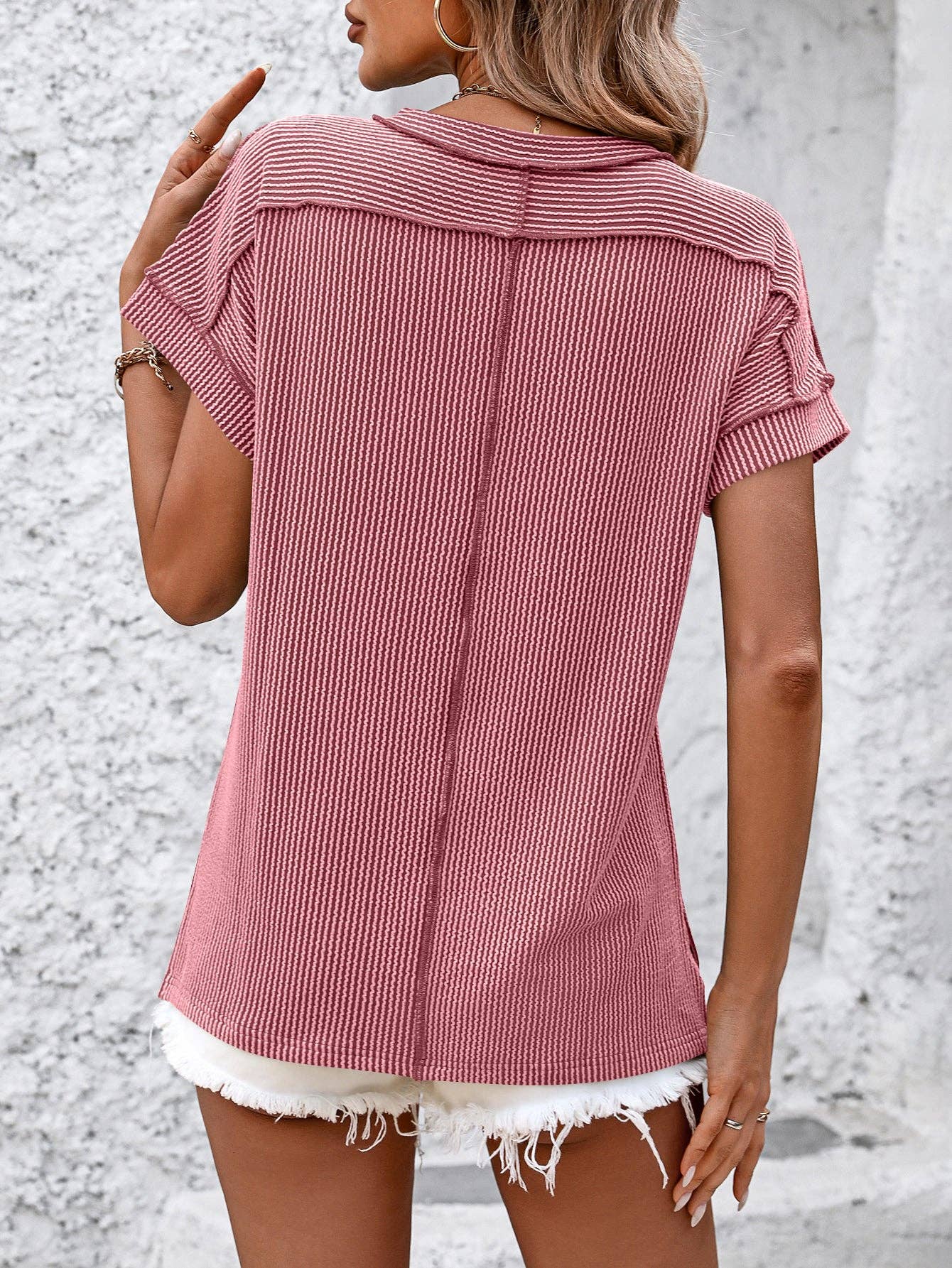 Backstitch Strip Knit Casual Top, Feathered Farmhouse