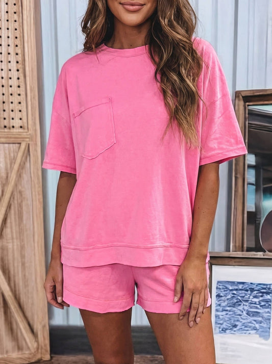 Raw Edge Patch Pocket Oversized Top and Shorts Set, Feathered Farmhouse