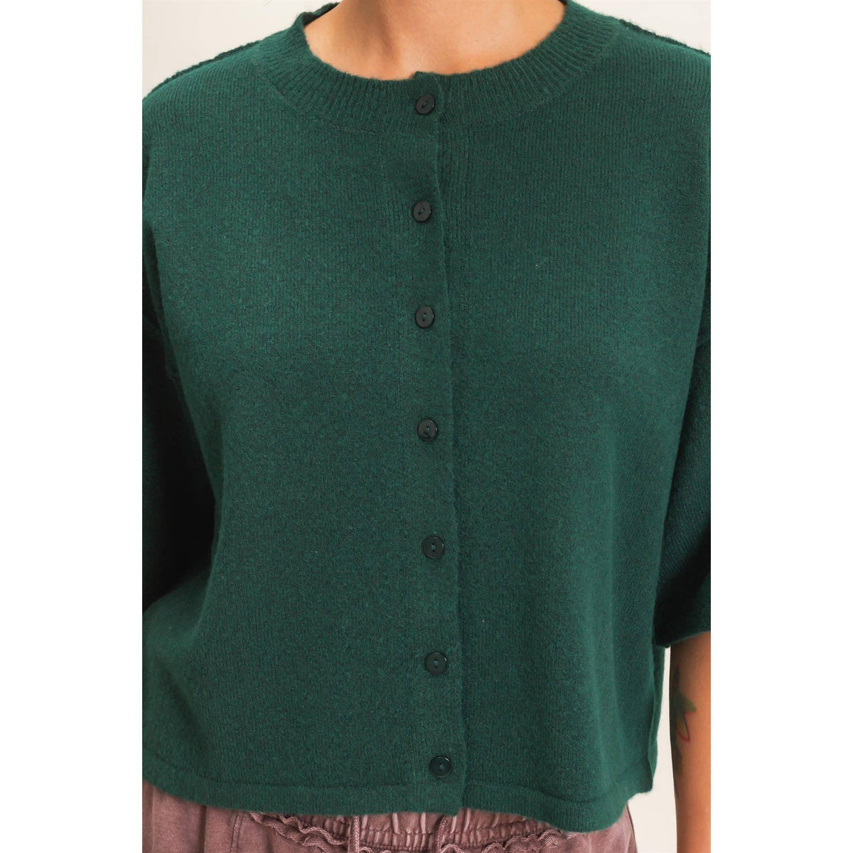 Dark Green Drop Shoulder Short Sleeve Cardigan, Feathered Farmhouse