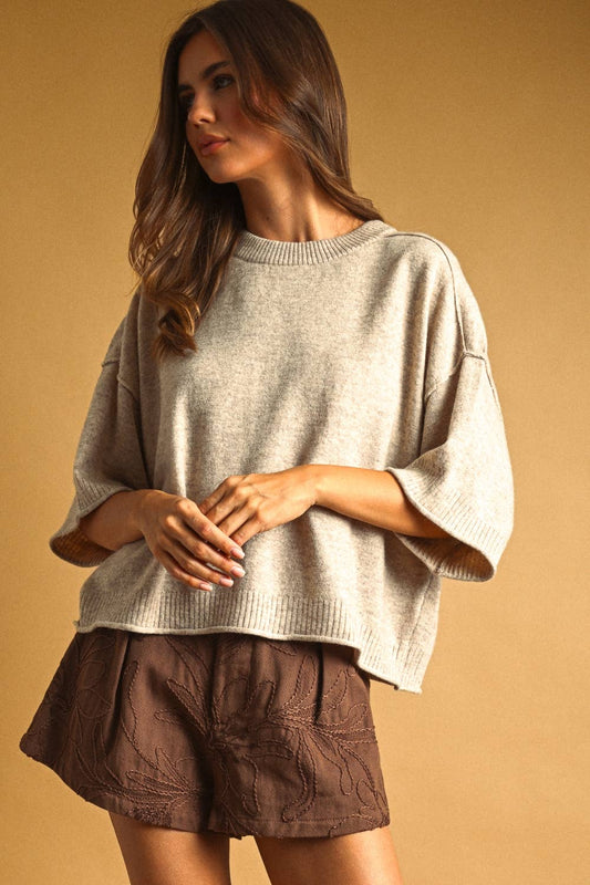 Heather Oatmeal Jaime Knit Crop Sweater, Feathered Farmhouse