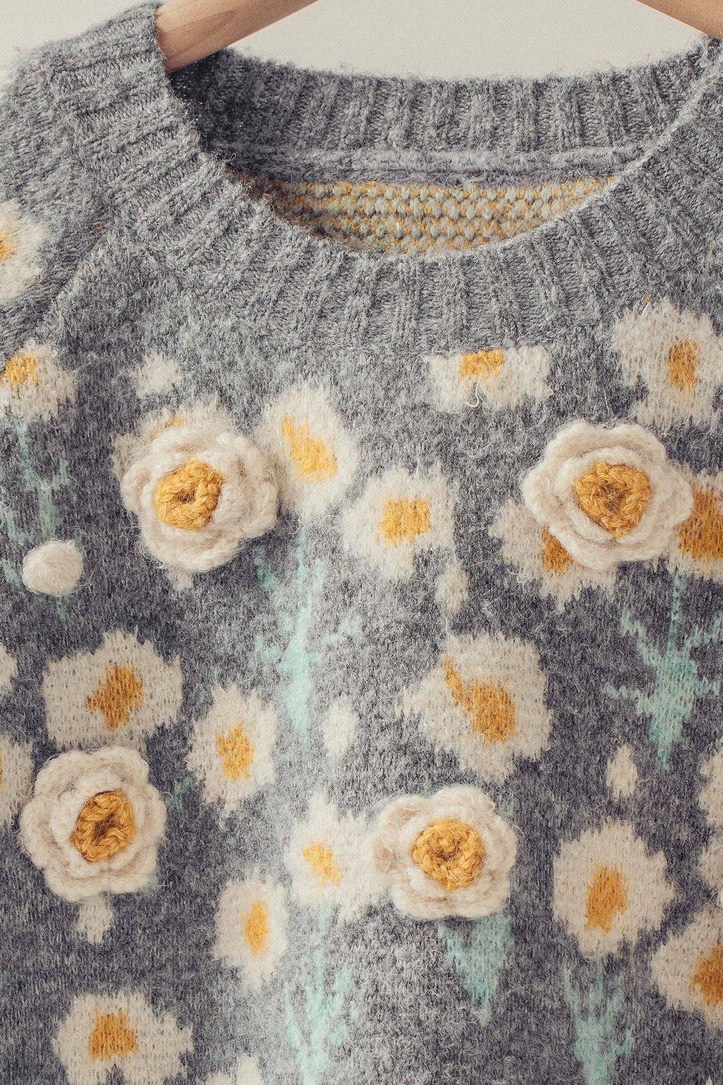 Daisy Embossed 3D Floral Knit Sweater, Feathered Farmhouse