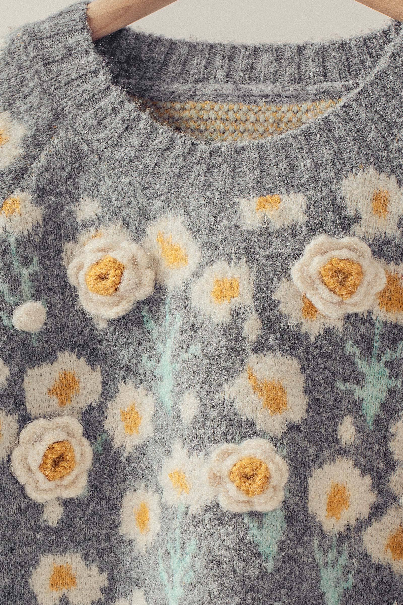 Daisy Embossed 3D Floral Knit Sweater, Feathered Farmhouse