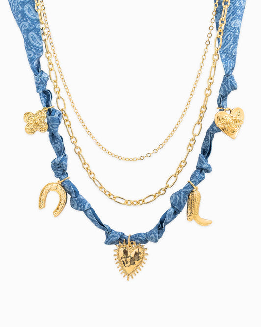 Layered Western Denim Bandana Scarf Necklace, Feathered Farmhouse