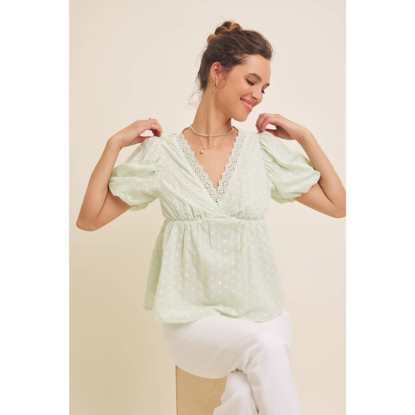 Scallop Trim V-Neck Eyelet Blouse, Feathered Farmhouse