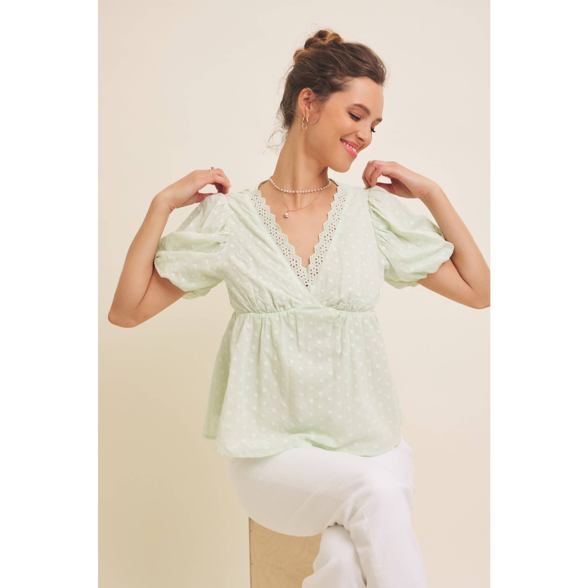Scallop Trim V-Neck Eyelet Blouse, Feathered Farmhouse