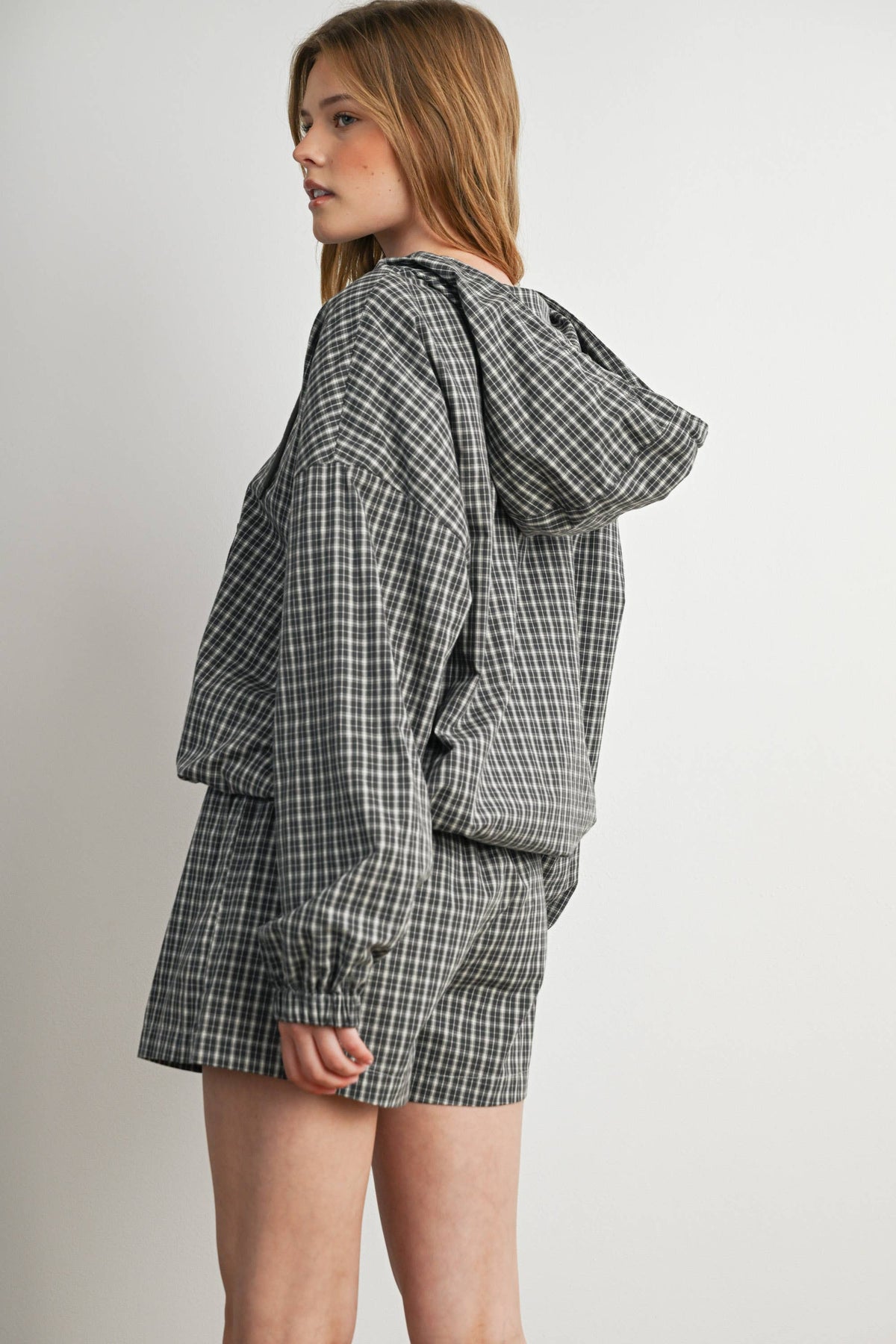 Check Hooded Anorak Top, Feathered Farmhouse