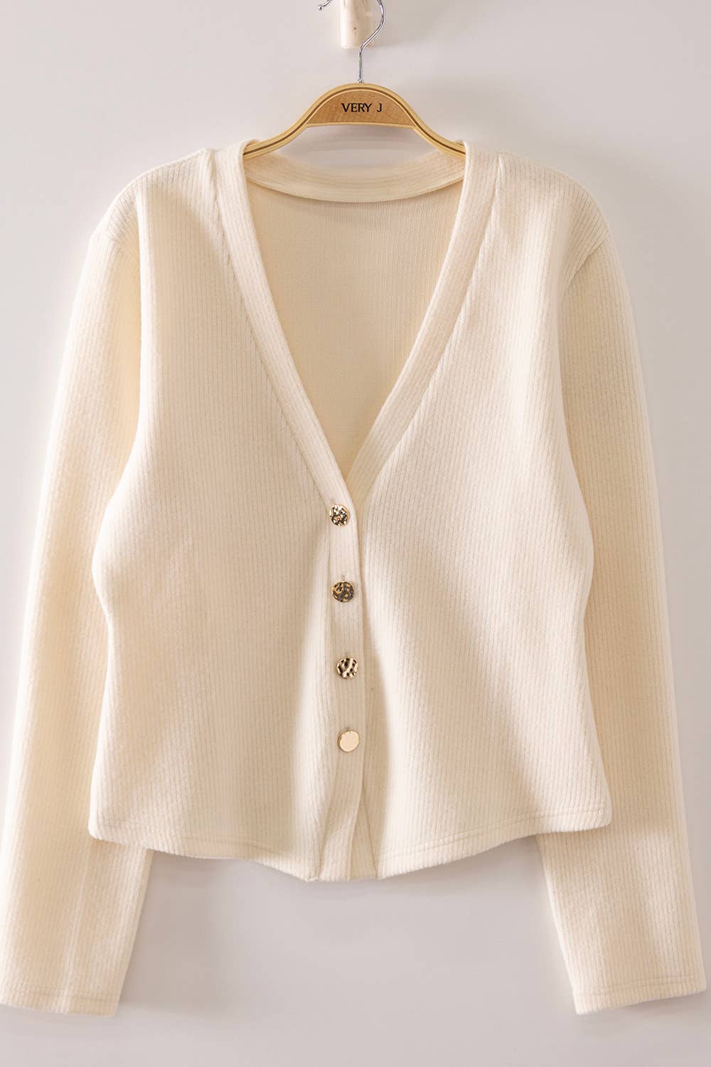Cream Soft Ribbed V-Neck Cardigan, Feathered Farmhouse