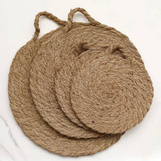 Round Woven Natural Trivets with Handle, Feathered Farmhouse