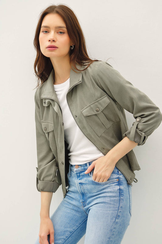 Cropped Utility Zipper Safari Jacket, Feathered Farmhouse