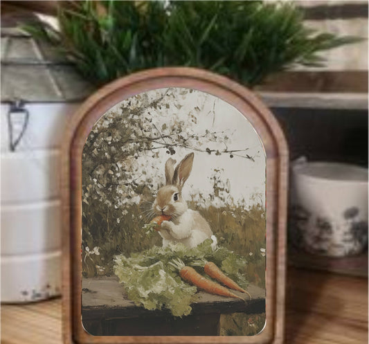 Bunny With Carrots Framed Arch, Feathered Farmhouse