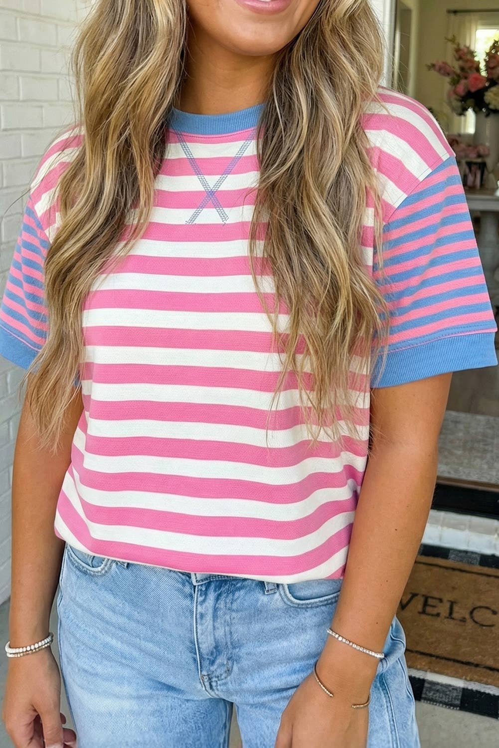 Stripe Contrast Crew Neck Tee, Feathered Farmhouse