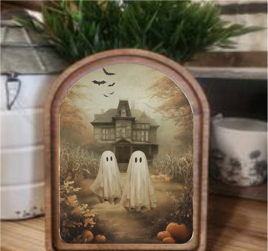 Mansion Ghosts Framed Arch Top, Feathered Farmhouse
