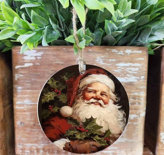 Vintage Santa Wood Ornament, Feathered Farmhouse