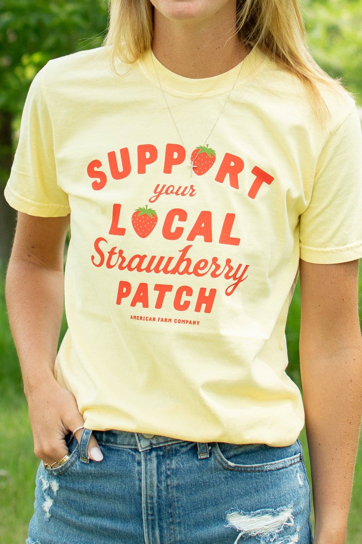 Summer 'Support Your Local Strawberry Patch' Yellow Tee, Feathered Farmhouse
