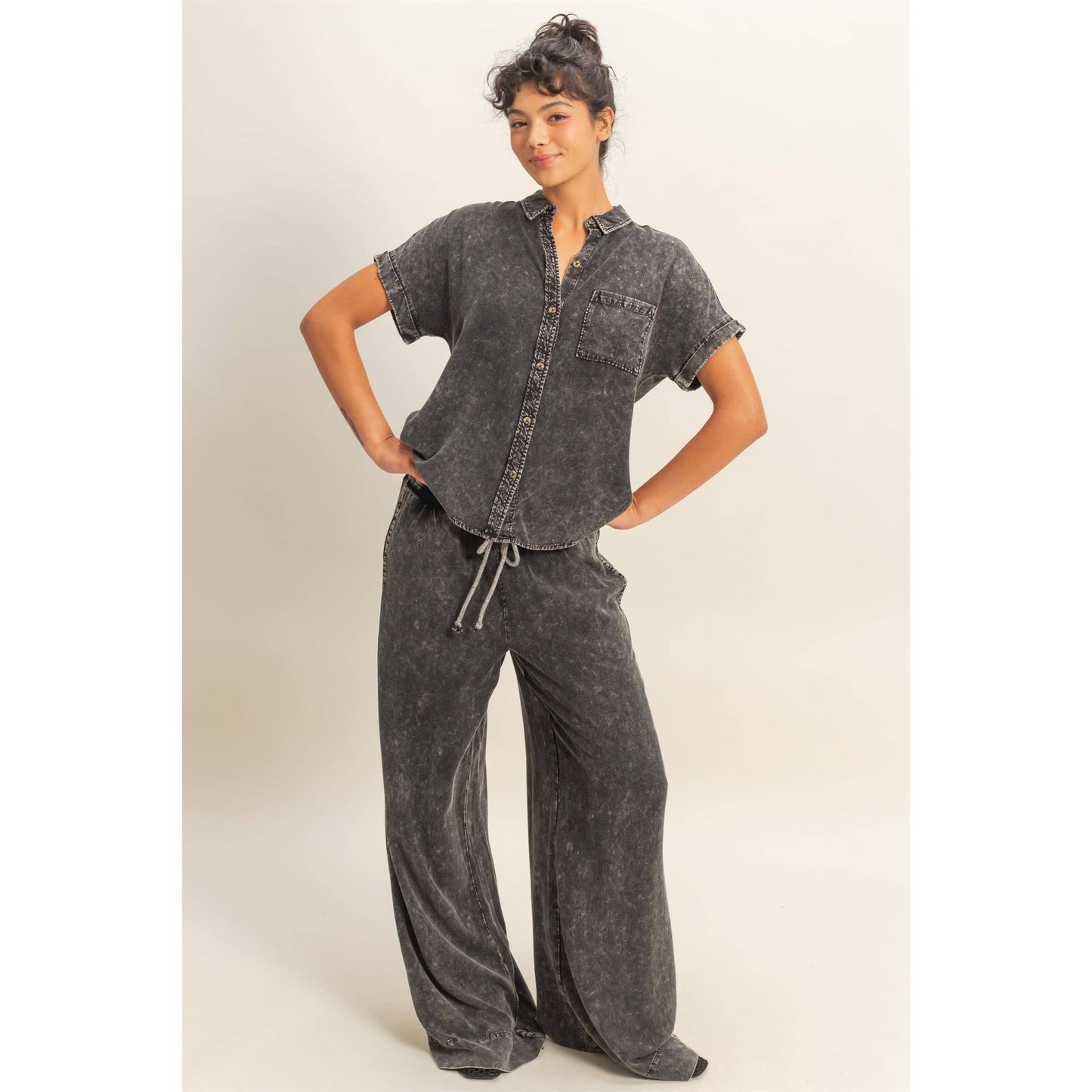 Mineral Wash Button-Up Dolman Sleeve Shirt, Feathered Farmhouse