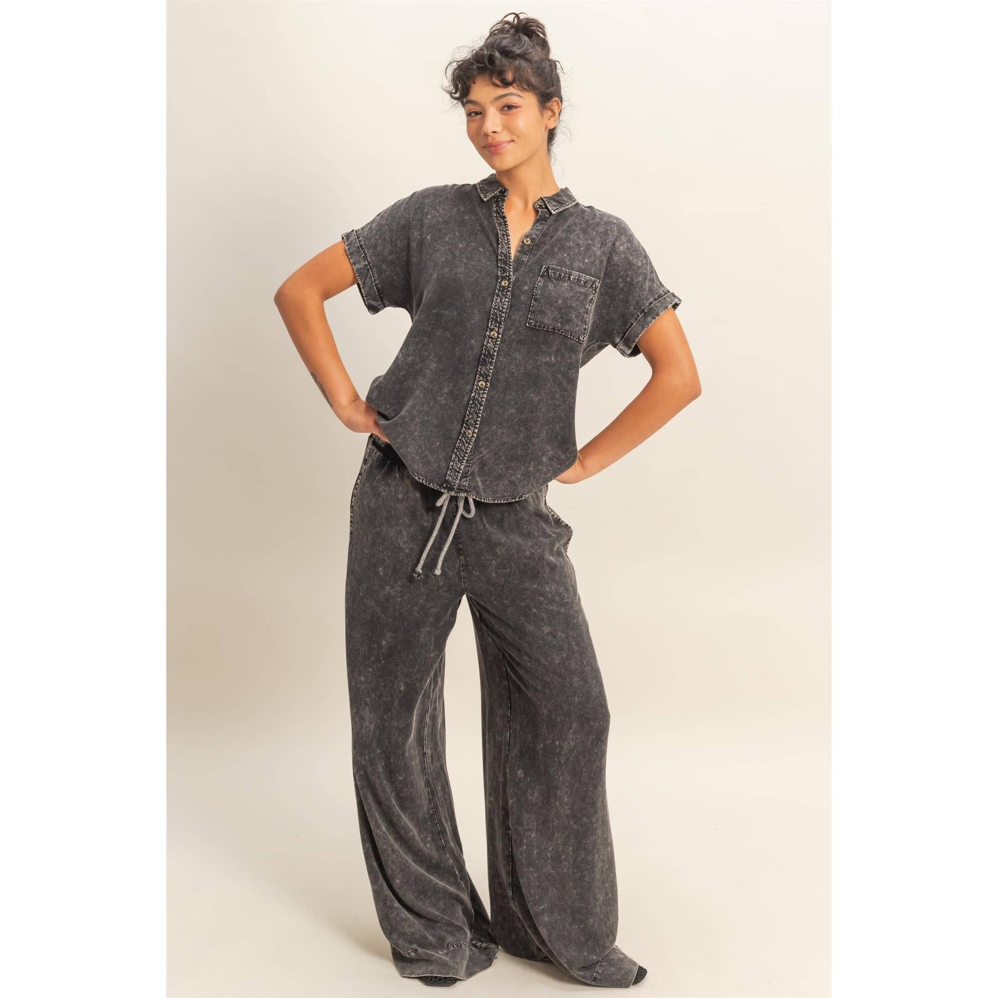 Mineral Wash Button-Up Dolman Sleeve Shirt, Feathered Farmhouse